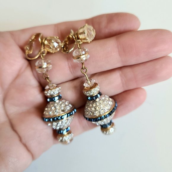 Large bridal clip on earrings with clear and blue rhinestones. - Picture 2 of 3